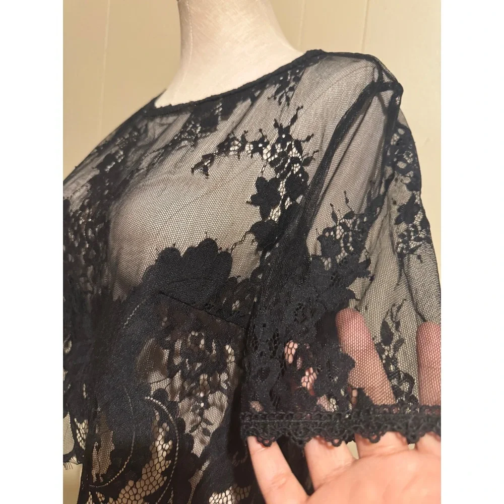 Sheer‎ Black Lace Top Medium Romantic Goth Dark Academia Fairy Grunge Layering - Picture 4 of 7